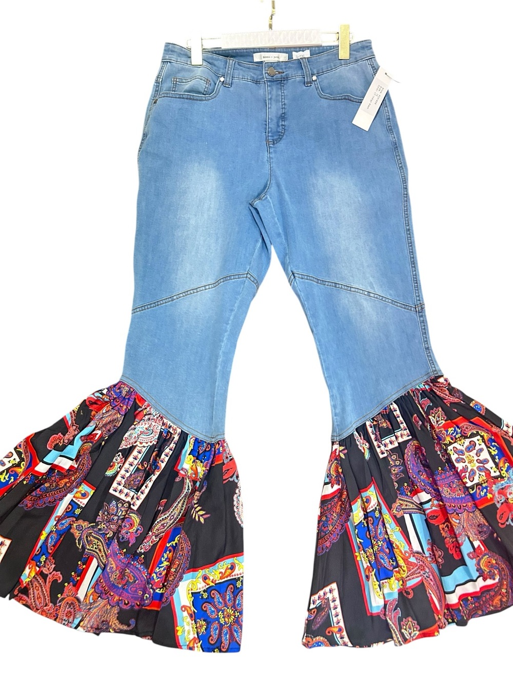 Gemma + Jane NWT Sz 10 Upcycled Denim Paisley Ruffle Bell Bottom Jeans